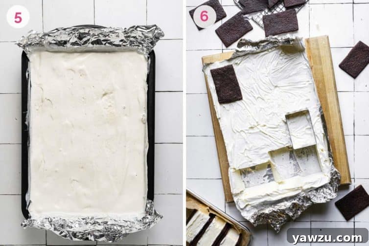Ice cream freezing in a baking pan on the left and cutting and assembling the ice cream sandwiches on the right.
