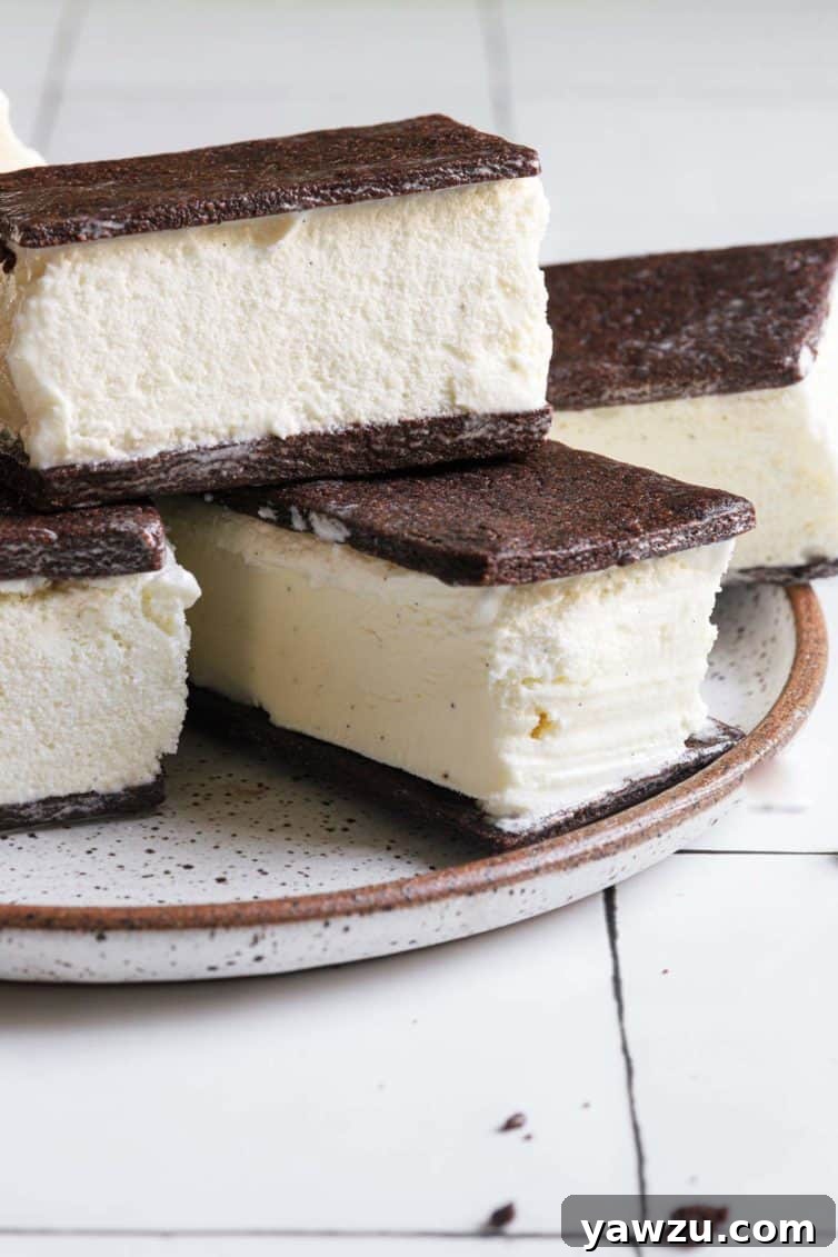 A plate with ice cream sandwiches on a white plate with a brown rim.
