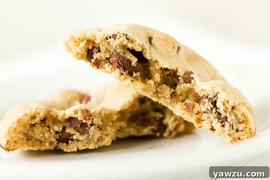 A close-up shot of a stack of freshly baked Alton Brown 'The Chewy' chocolate chip cookies, revealing their soft interior and generous chocolate distribution.