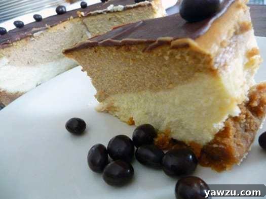 Slice of coffee and espresso layered cheesecake on a white plate.