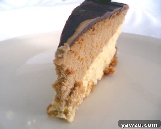 Slice of coffee and espresso layered cheesecake on a white plate.