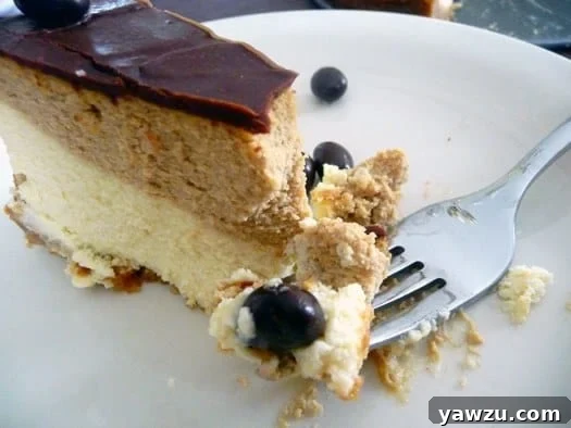 Slice of coffee and espresso layered cheesecake with a bite taken on a white plate with a fork.