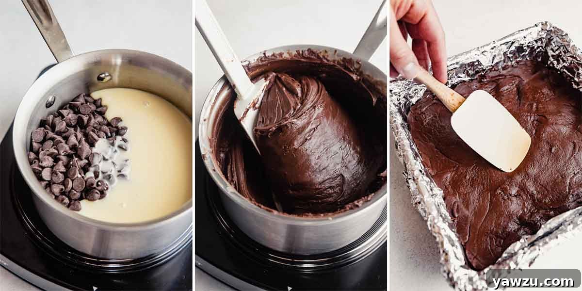 A three-photo collage demonstrating the process of making easy chocolate fudge: melting chocolate chips and sweetened condensed milk in a saucepan, stirring the smooth fudge mixture, and spreading it evenly into a square baking pan lined with foil.