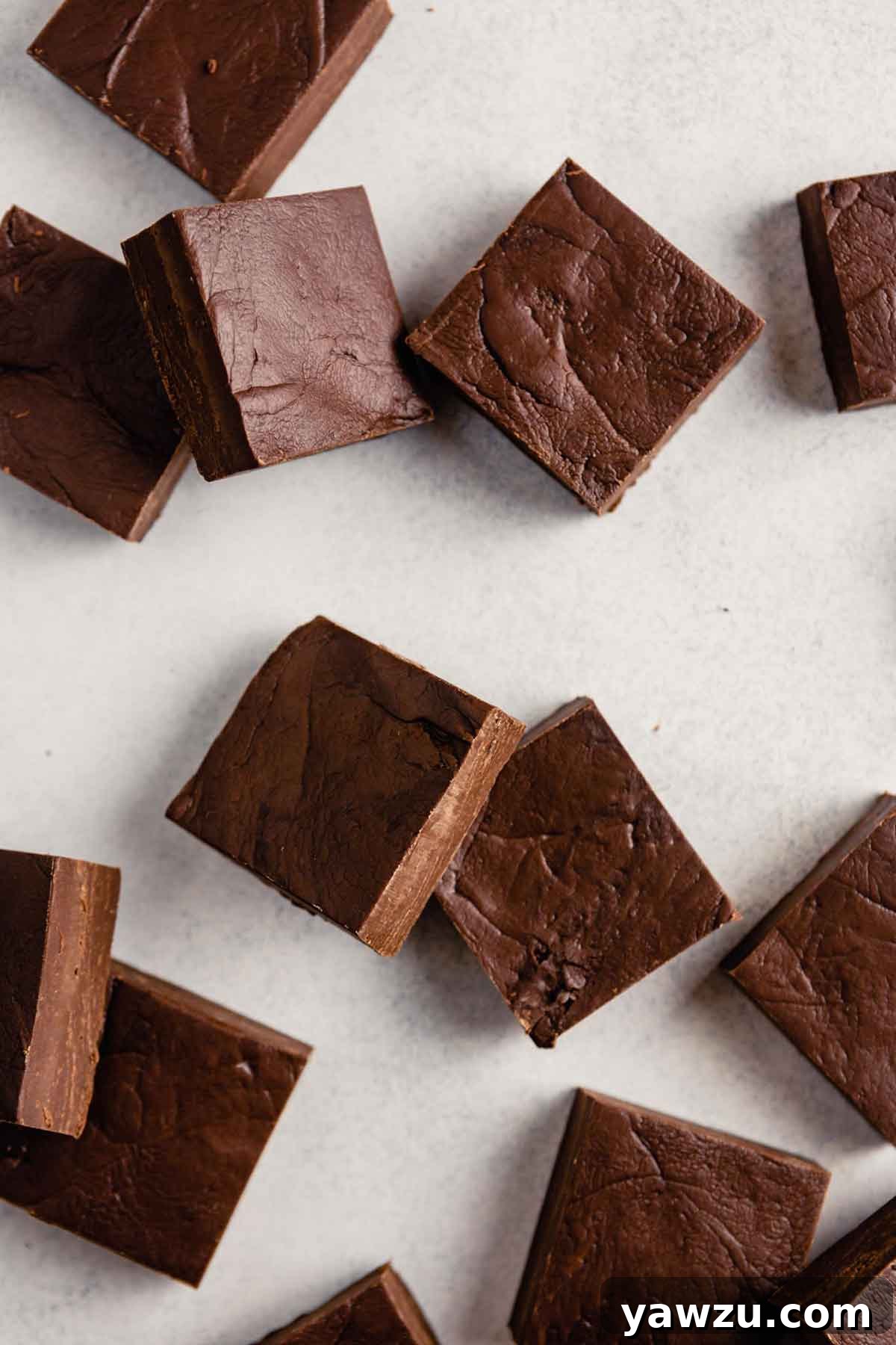Overhead shot of freshly cut squares of creamy chocolate fudge arranged beautifully on a light background, ready to be enjoyed or gifted.