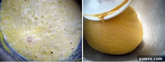 A visual sequence demonstrating Anadama bread preparation: the active, bubbly bulk fermentation dough followed by the smooth, perfectly kneaded dough in a Kitchen Aid mixer.
