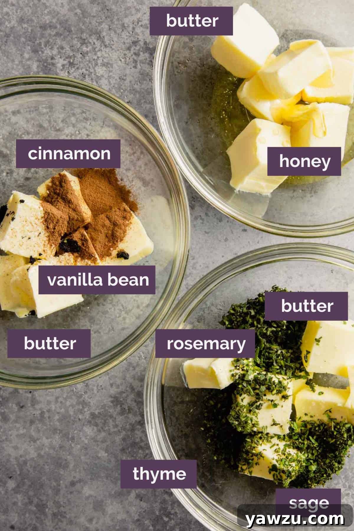 Three small bowls displaying the individual ingredients ready for mixing into the different compound butter recipes.