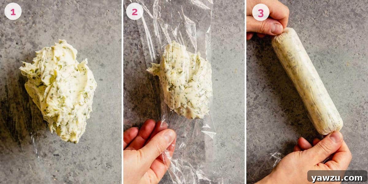 A sequence of three photos illustrating the process of shaping and rolling herbed compound butter in plastic wrap.