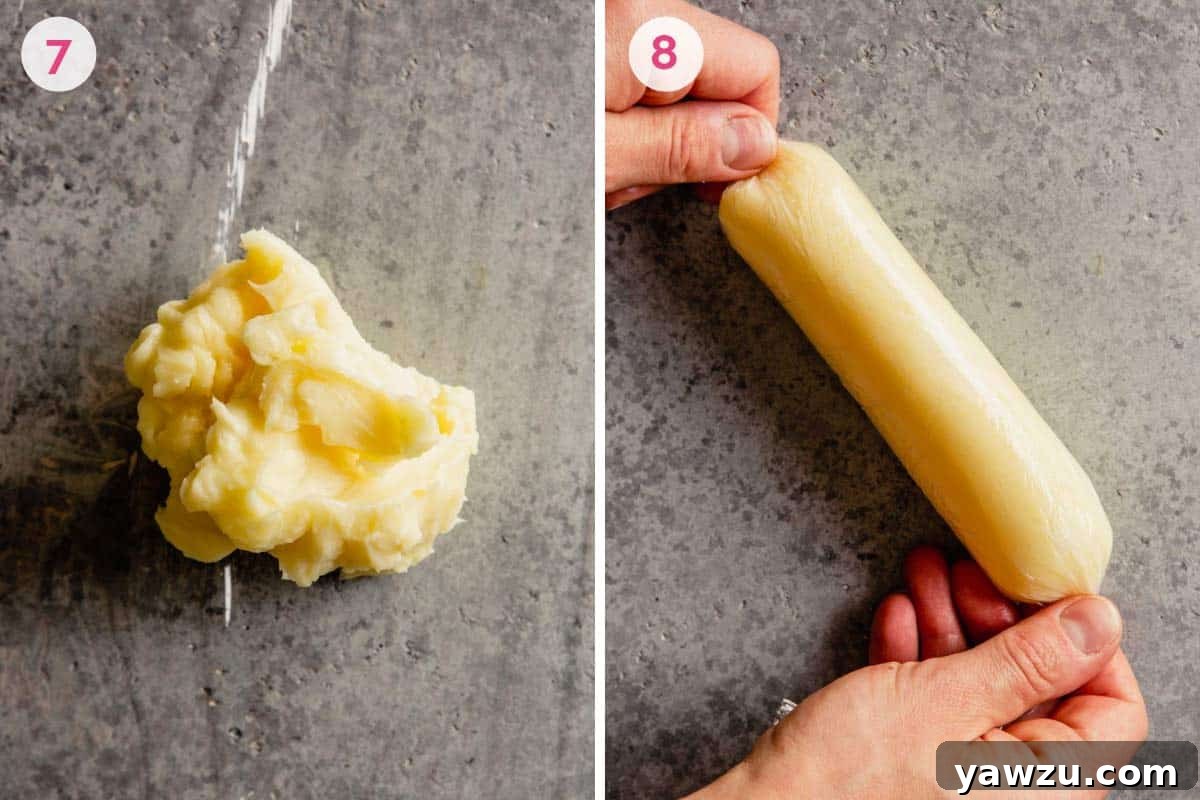 Two side-by-side photos illustrating the process of mixing and preparing honey compound butter.