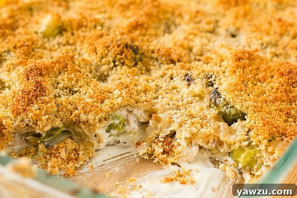 Brussels Sprouts and Bacon Gratin in a baking dish