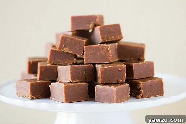 A close-up of a perfectly cut square of homemade Chocolate Peanut Butter Fudge.