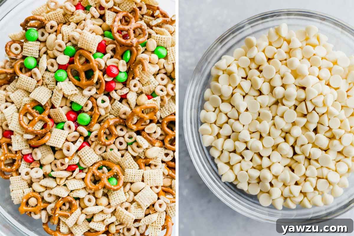 Side by side photos showing dry ingredients for reindeer chow in a large bowl and a separate bowl of white chocolate chips, ready for melting.