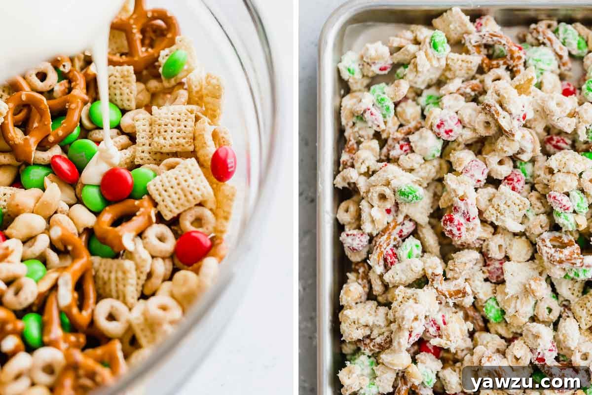 Side by side photos illustrating the process: melted white chocolate being poured over cereal, pretzels, peanuts and M&Ms, and the entire mixture evenly spread on a baking sheet to set.