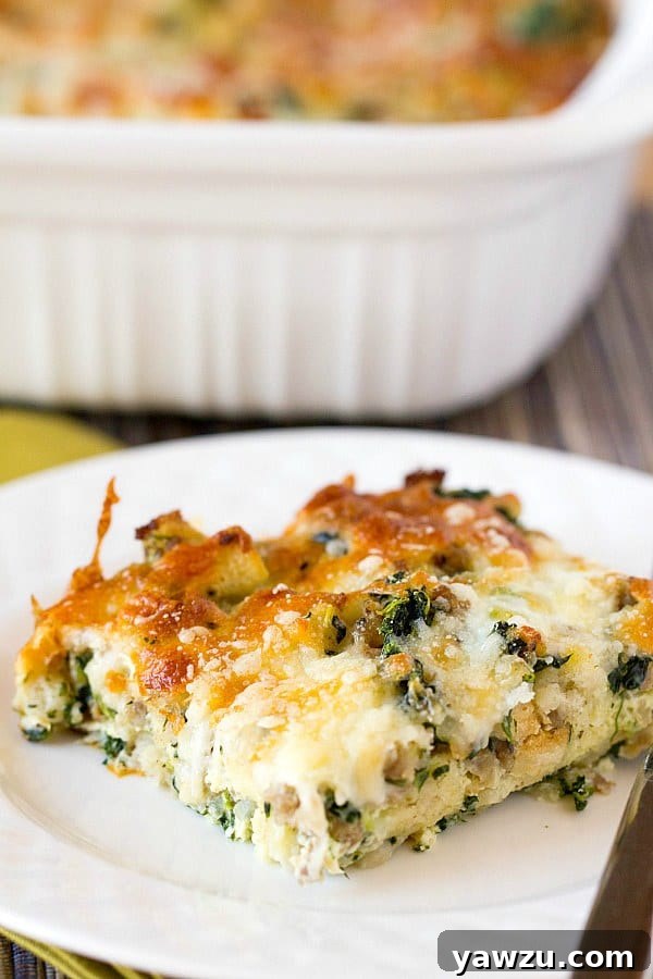 Delicious Cheesy Sausage Spinach Breakfast Casserole ready for serving