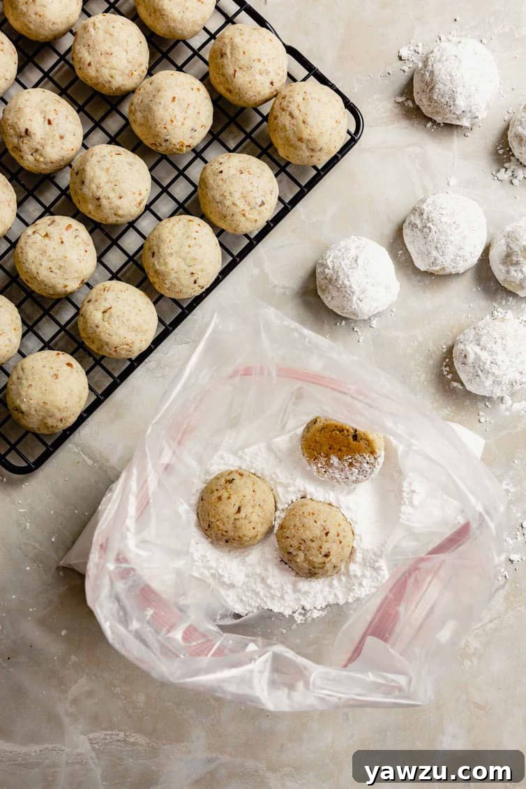 A hand gently rolling a freshly baked snowball cookie in a bowl of powdered sugar.