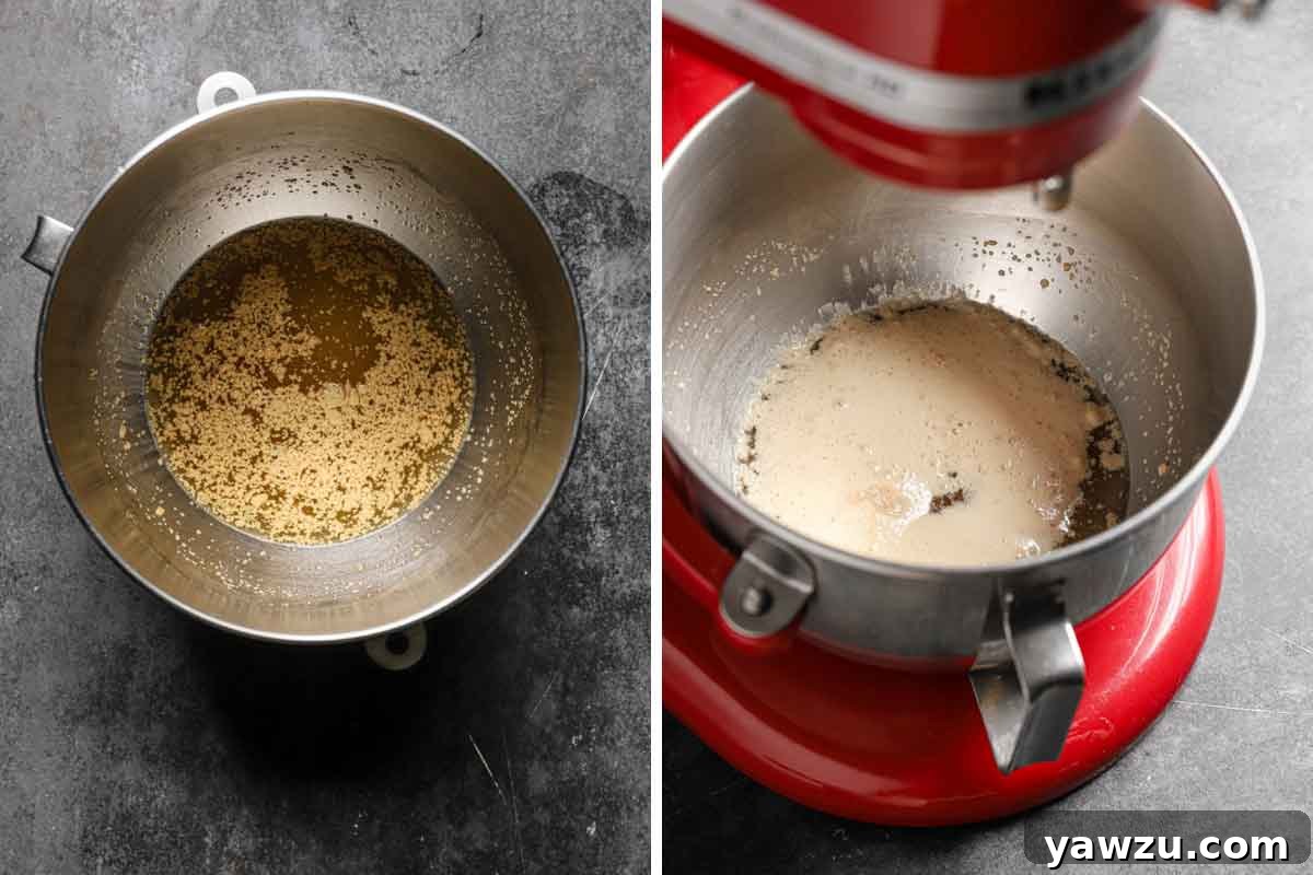 Side-by-side comparison of yeast mixture in a bowl: before blooming (liquid) and after blooming (foamy and active).