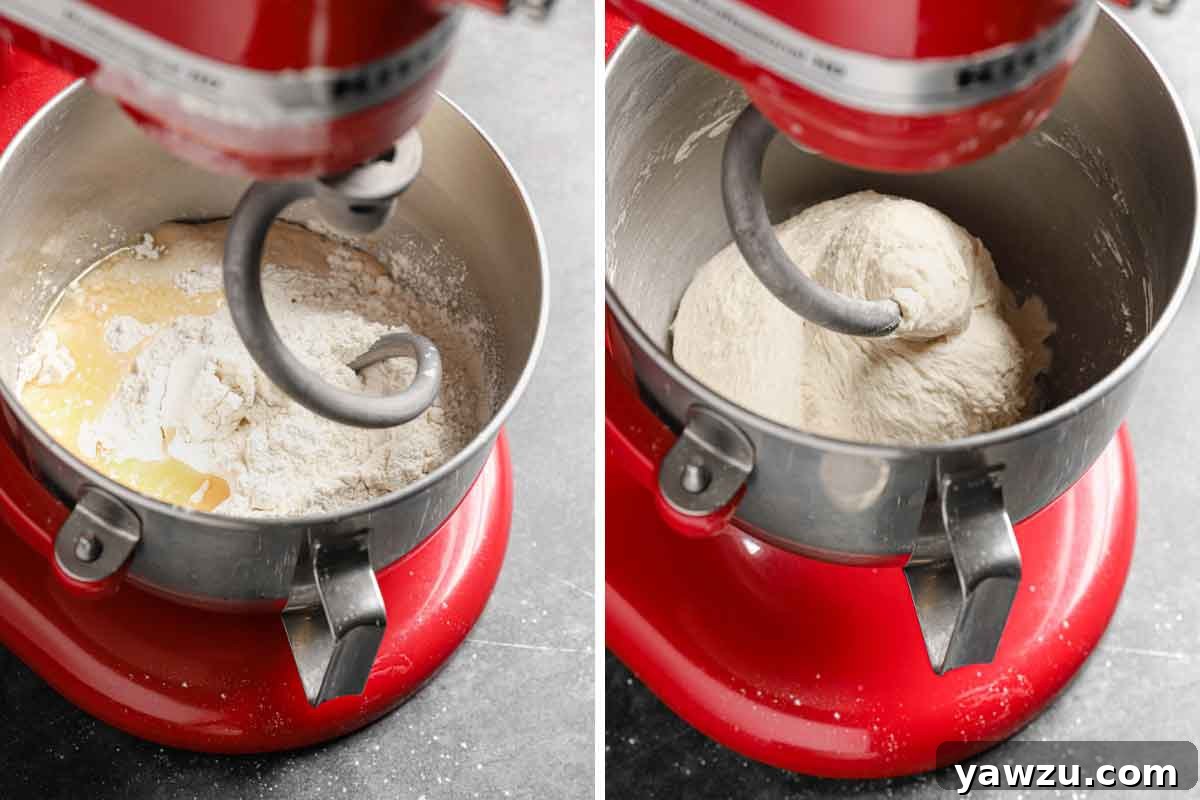 Soft pretzel dough being expertly mixed and kneaded in a vibrant red stand mixer, demonstrating the kneading process.