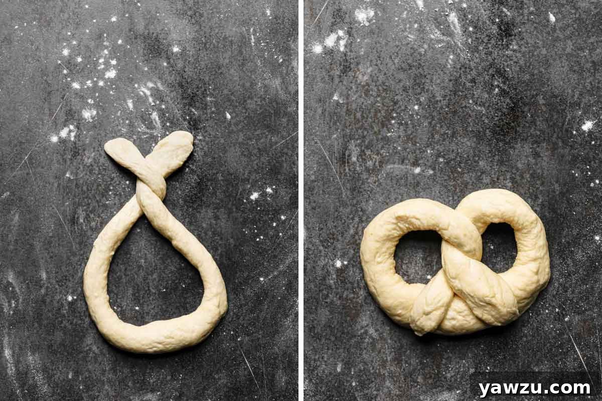 The final series of step-by-step photos completing the pretzel shaping guide, showing the finished classic twist ready for baking.