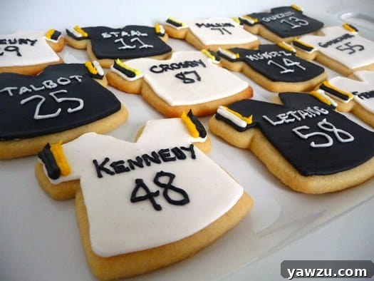 Sports jersey shaped decorated sugar cookies.