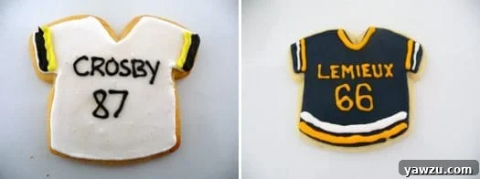 Collage of 2 images of cookies decorated like sports jerseys.