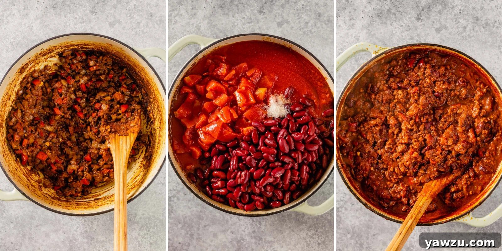 Three photo collage of cooking process for beef chili.