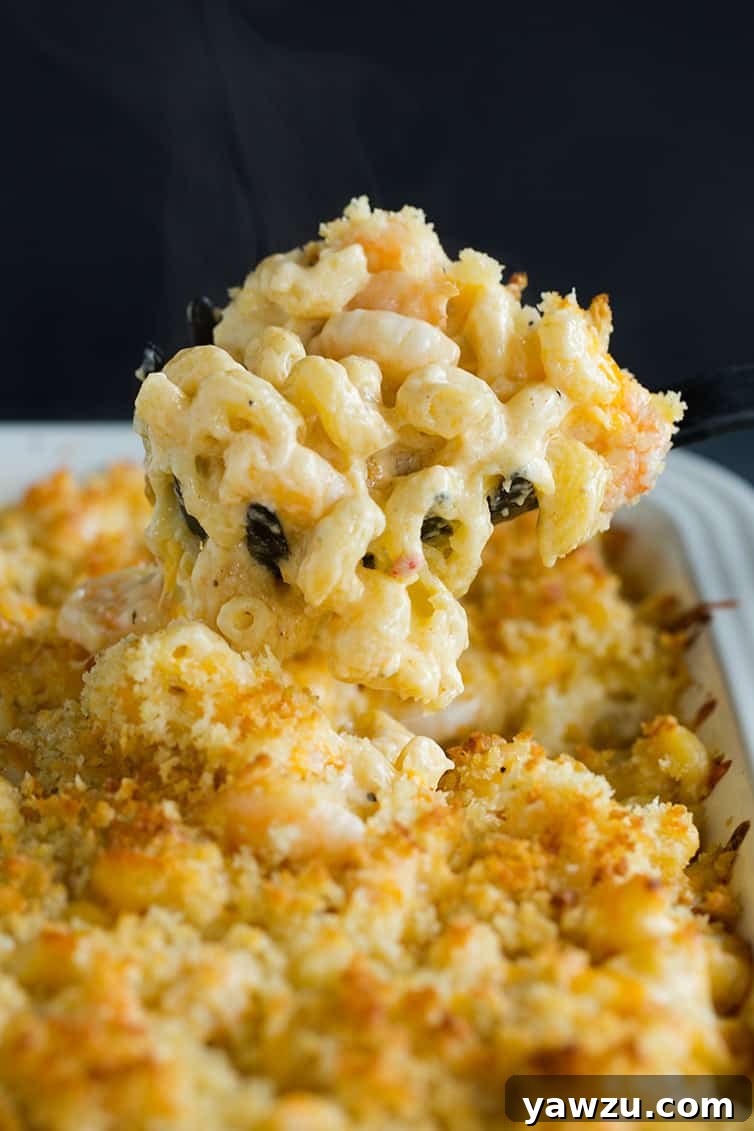 A generously portioned scoop of creamy Cajun shrimp macaroni and cheese, showing off the perfectly browned bread crumb topping and tender shrimp nestled within the rich pasta.