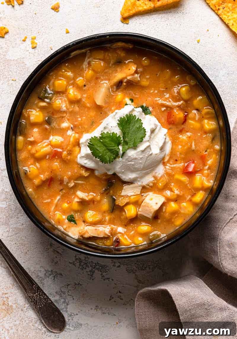 Overhead photo of a bowl of chipotle chicken and corn chowder topped with a dollop of sour cream and cilantro.