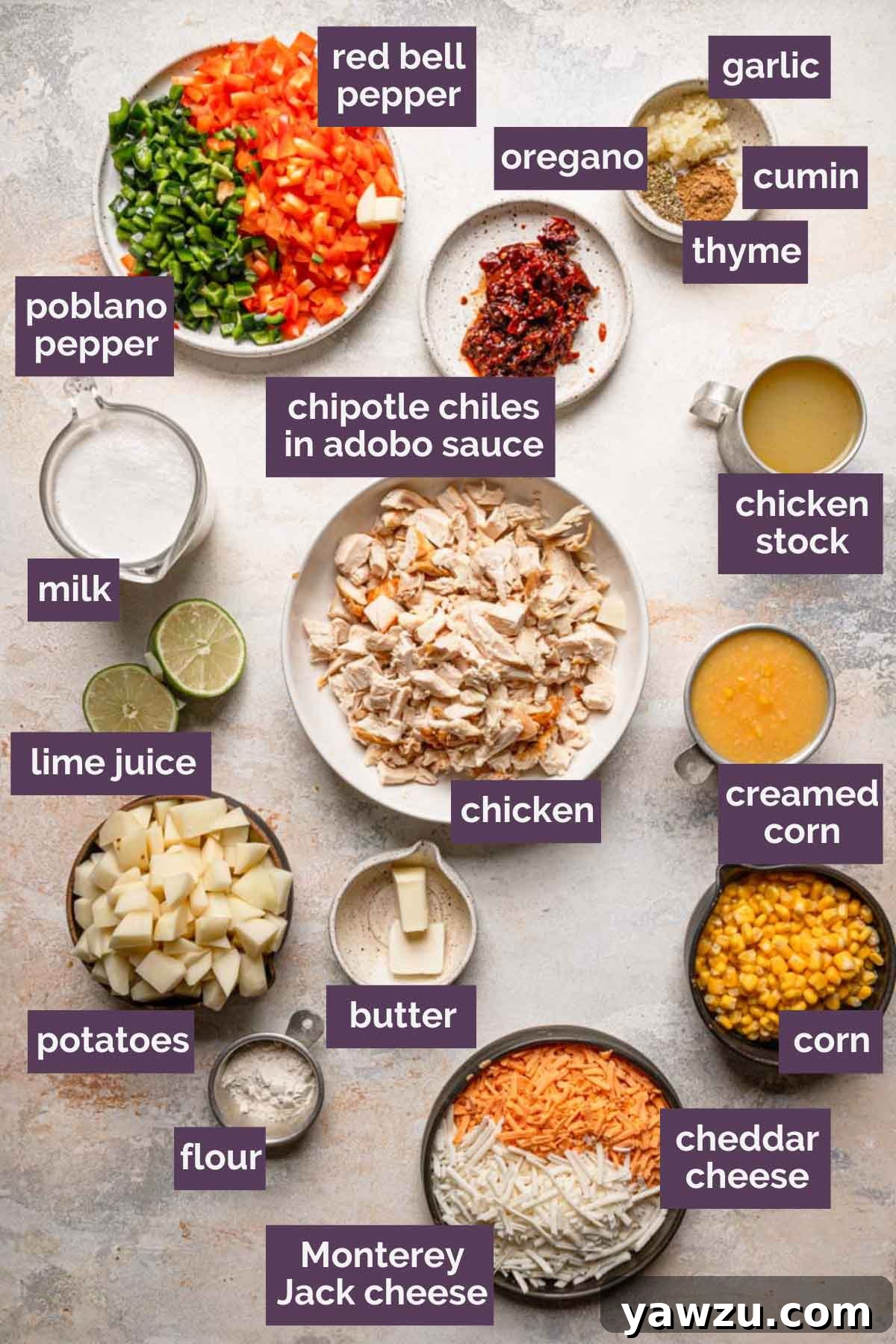 Overhead photo of ingredients for chicken and corn chowder prepped and labeled.