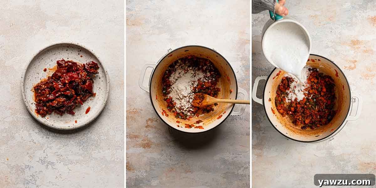 Three photos of chipotle chicken and corn chowder being started. 