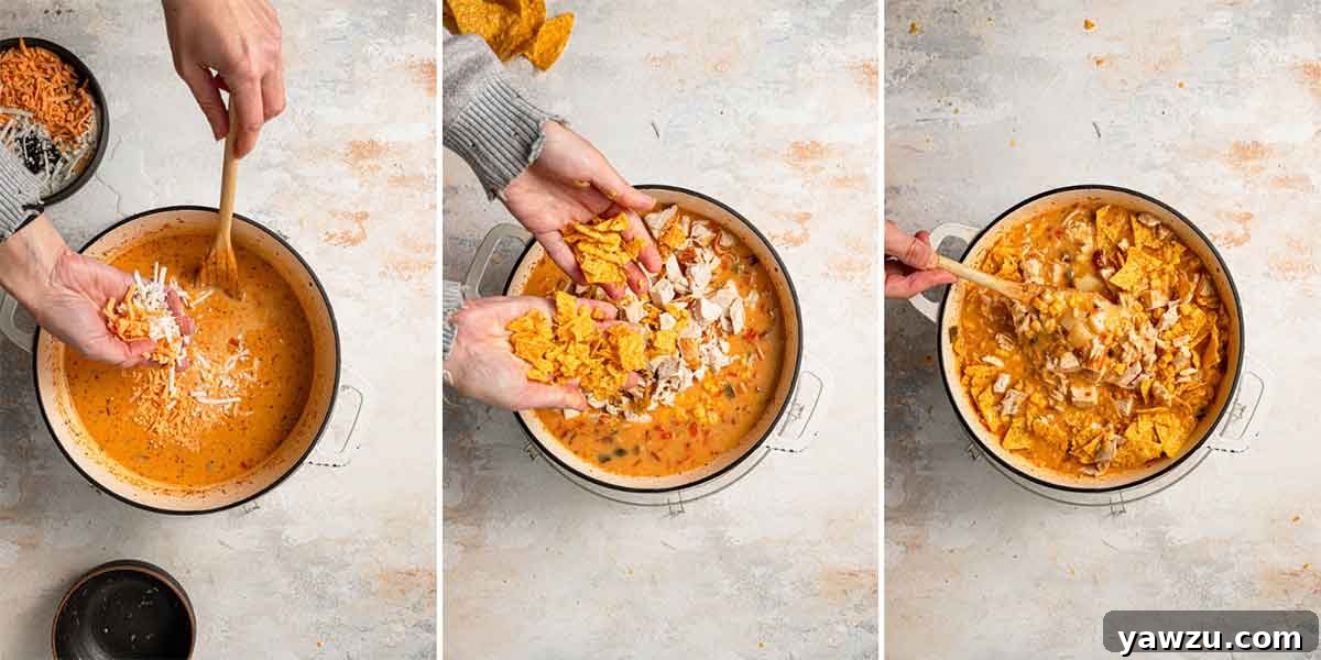 Three step-by-step photos of adding cheese, tortilla chips, and chicken to the soup.