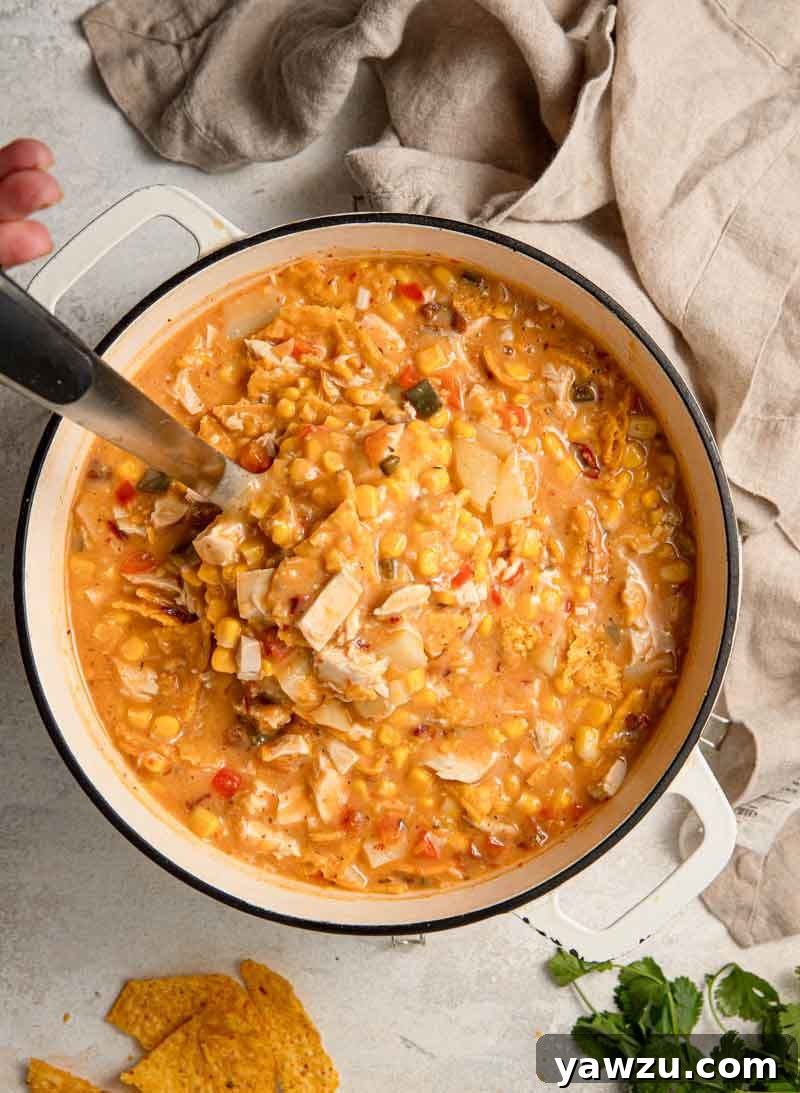 Overhead photo of a chicken and corn chowder being ladled out of a large Dutch oven pot.