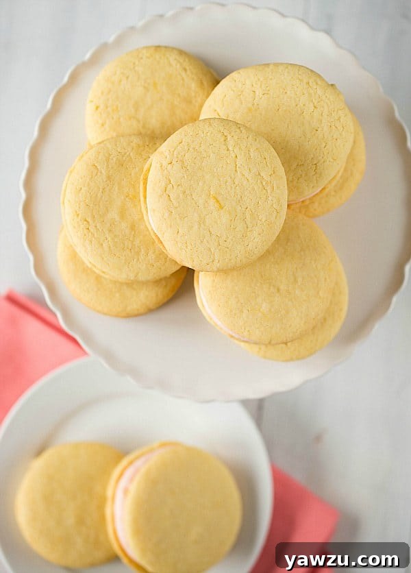 A beautiful display of Pink Grapefruit Sandwich Cookies on a plate