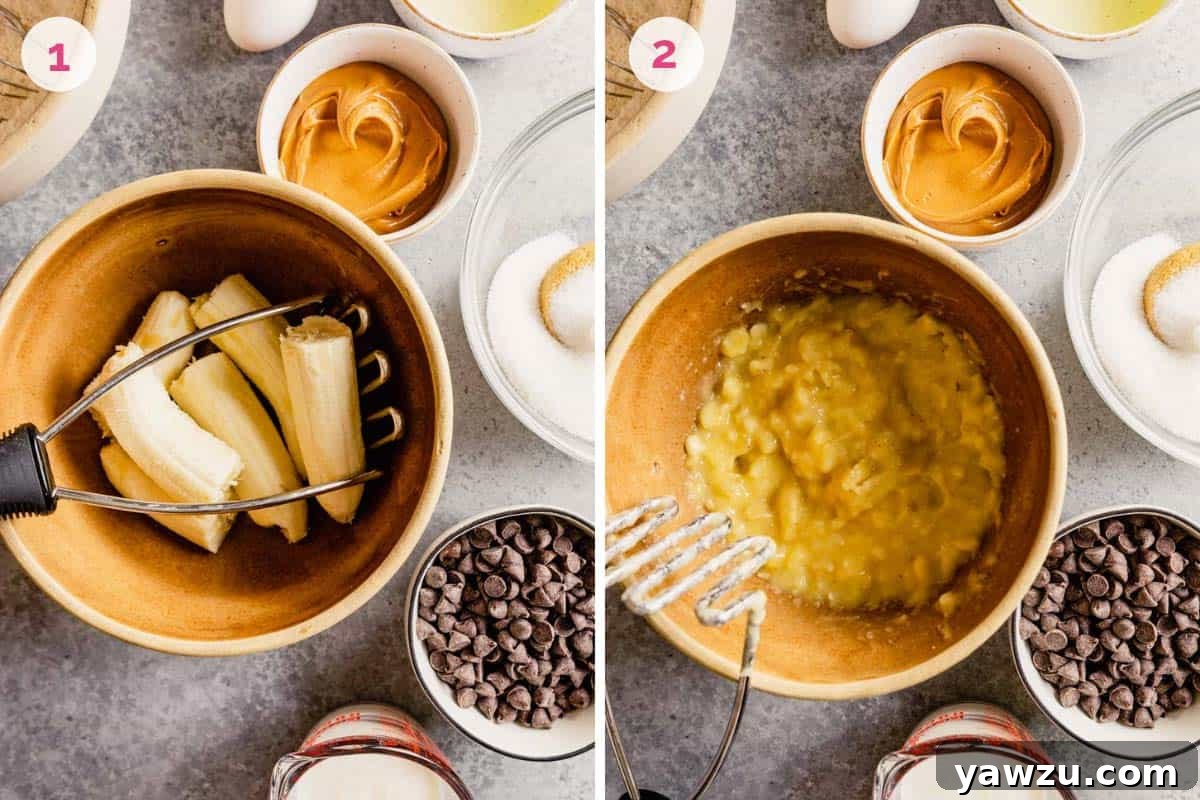 Side by side photos of ingredients for peanut butter banana bread, including bananas, flour, sugar, and peanut butter.
