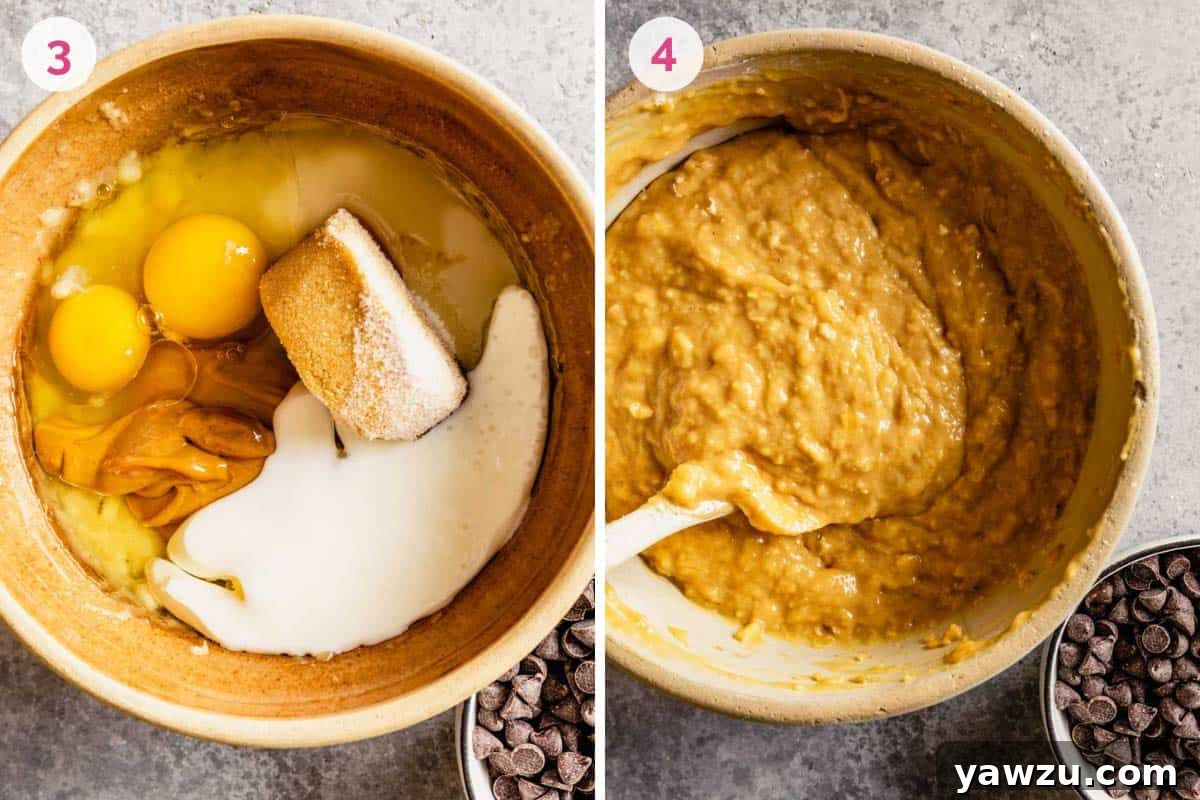Mashed bananas, oil, eggs, peanut butter, sugars, and buttermilk mixed together in a bowl.