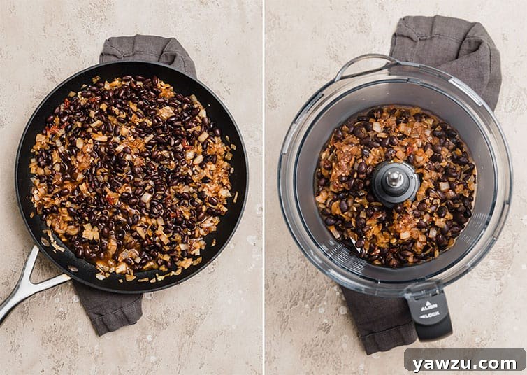 Side by side photos showing ingredients being sautéed in a skillet and then pureed in a food processor.