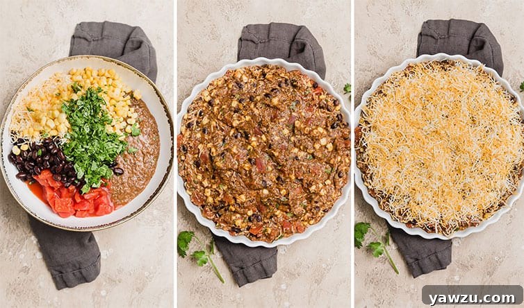 A photo collage showing the individual ingredients for black bean dip, and then the dip assembled in a baking dish before baking.