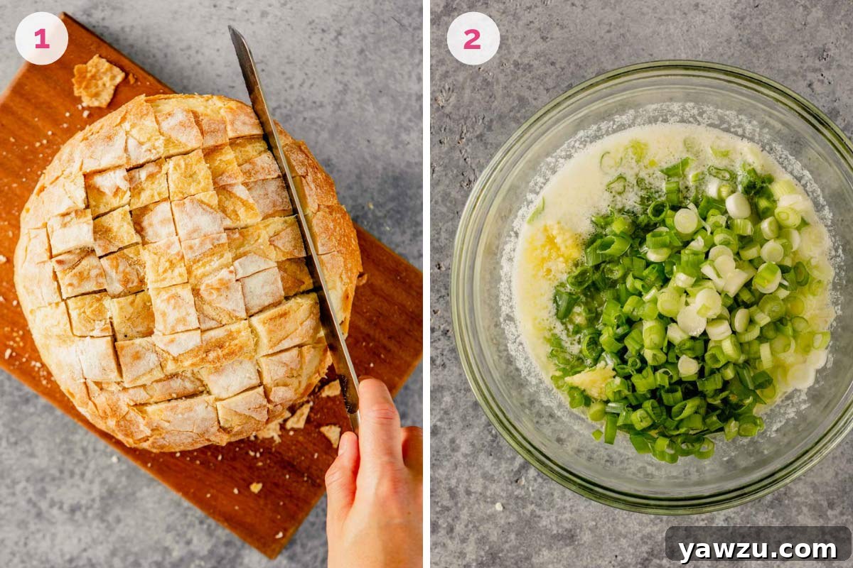 Round loaf of bread cut into cubes and bowl of melted butter with green onions.