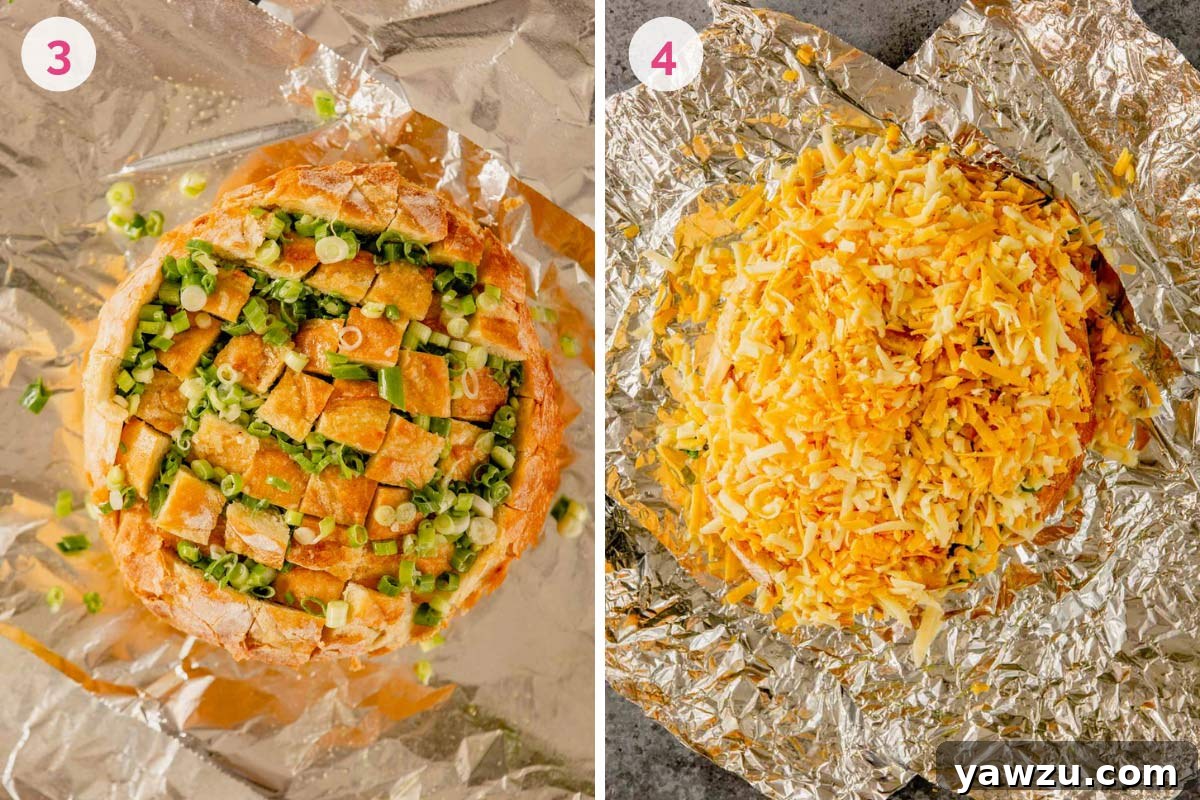 Round loaf of bread cut into hash pattern and stuffed with shredded cheese.