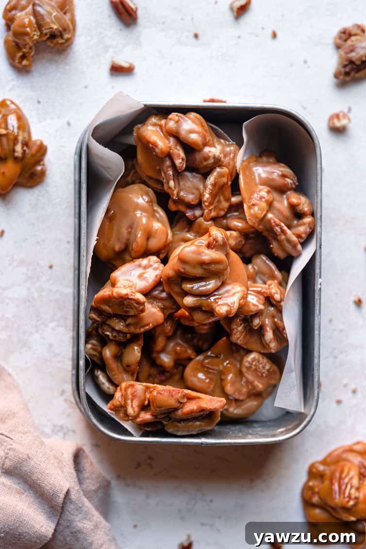 Pecan pralines beautifully packaged in a parchment-lined tin, ready for gifting or serving.