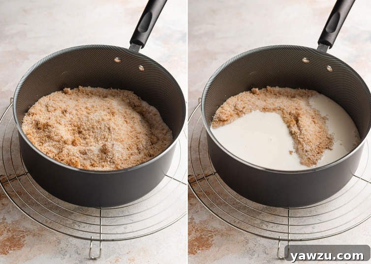 A saucepan on a stove, with a wooden spoon stirring together sugars and cream, beginning the caramelization process.