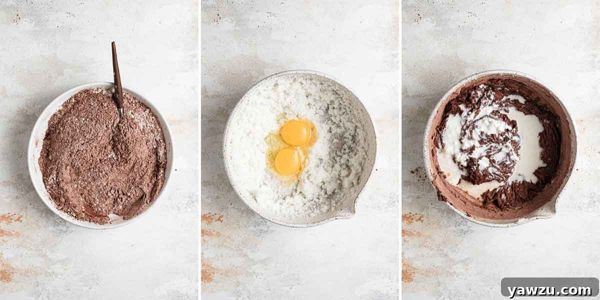 Three photo collage of cookie dough for gobs being mixed together, showing the progression of ingredients combining.