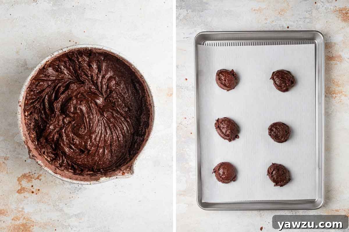 Gob cookie batter in a bowl, next to a baking pan with it portioned out and ready for the oven.