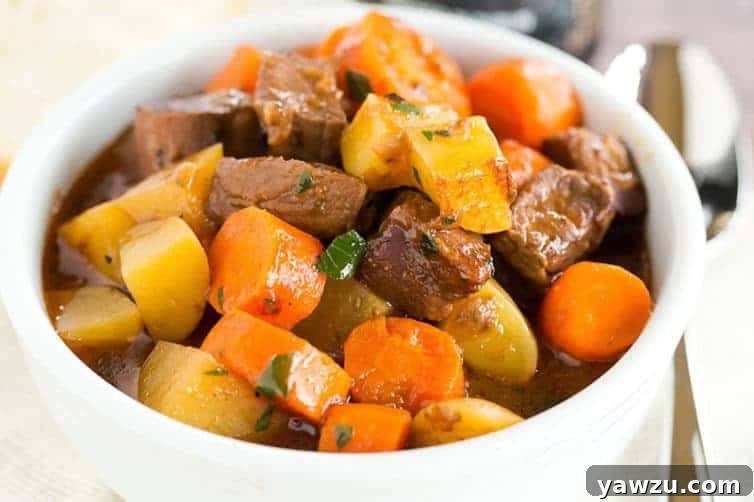 Close-up of Guinness Beef Stew showing tender beef, chunky potatoes and carrots nestled in a rich dark gravy.