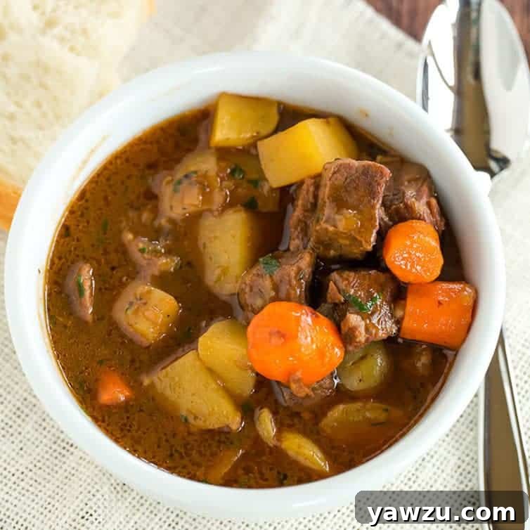 A close-up of a spoon scooping Guinness Beef Stew from a Dutch oven, highlighting the tender beef and luscious thick gravy.