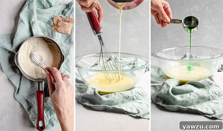 Step-by-step photos illustrating the process of making grasshopper pie filling, showing liquids mixing and thickening.