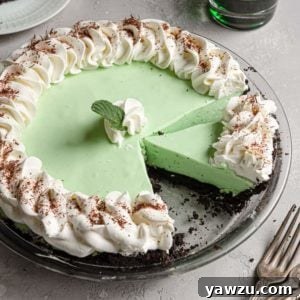 A close-up shot of a single slice of Grasshopper Pie on a white plate, showing the layers of dark cookie crust and light green mint filling, topped with whipped cream and chocolate shavings.
