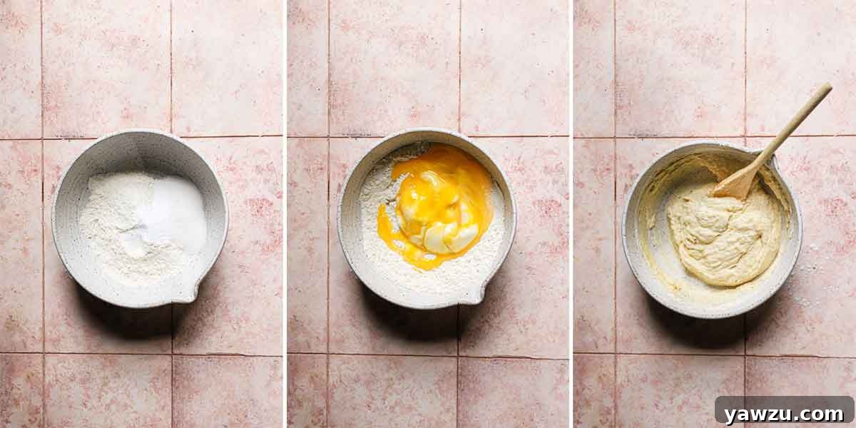 Three step by step photos of mixing together the batter for zeppole.