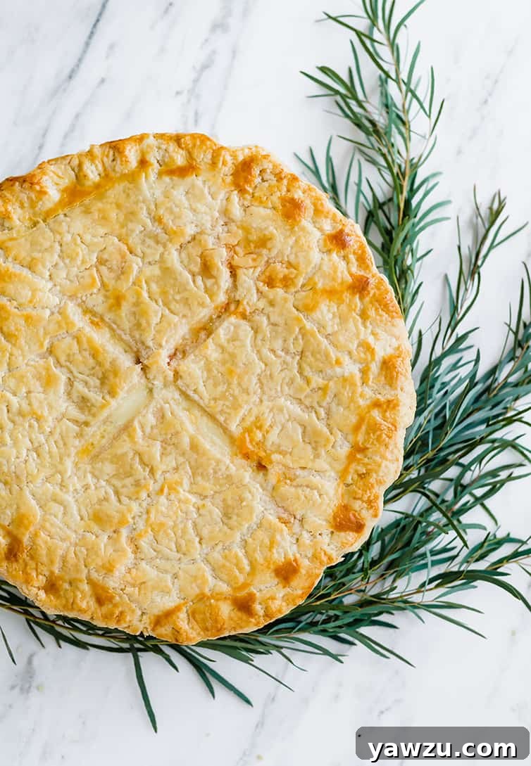 An overhead shot of a freshly baked Italian Easter Pie, garnished with a sprig of rosemary, highlighting its golden-brown crust and inviting texture.