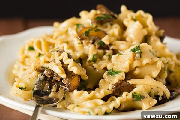 Close-up of Creamy Mushroom Fontina Pasta, garnished with fresh parsley