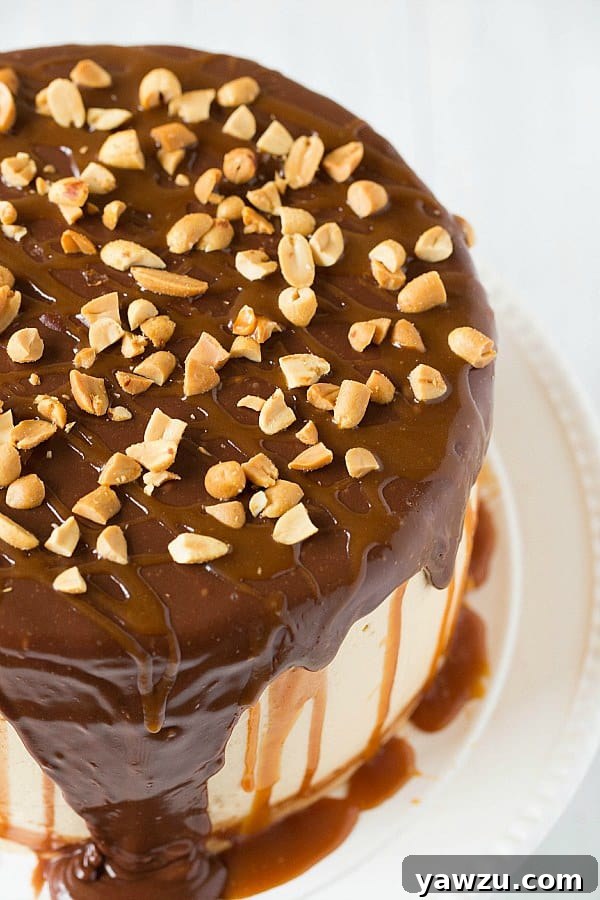 Snickers Cake: Layers of Chocolate Cake, Peanut Nougat, Salted Caramel, and Milk Chocolate Ganache
