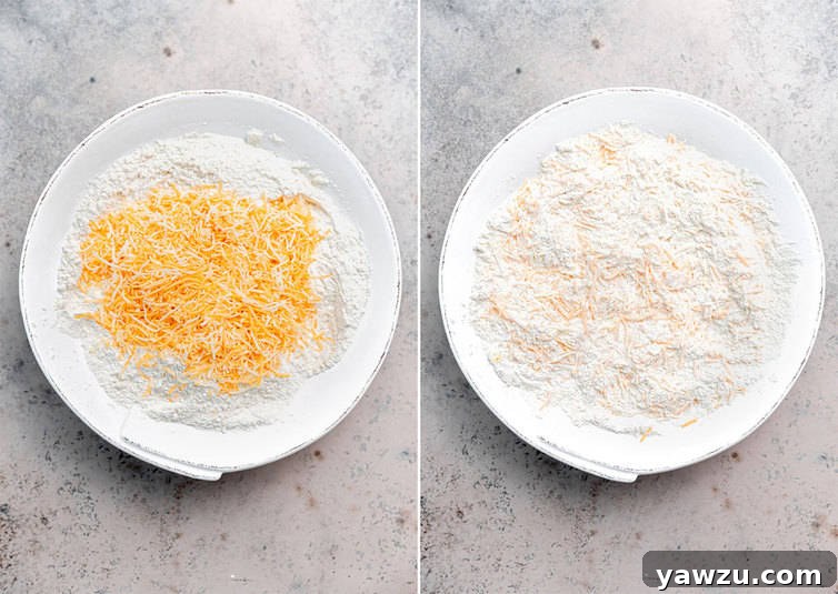 A bowl of dry ingredients for cheddar bay biscuits, perfectly mixed and ready for the wet ingredients.